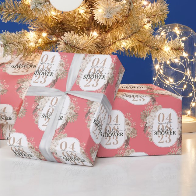 Cute Floral Frame Bridal Shower Personalized Pink Wrapping Paper (Holidays)