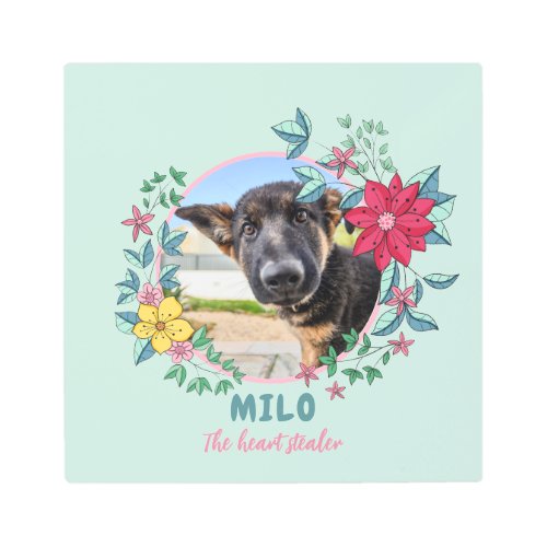 Cute Floral Frame Custom Pet Photo Dog Cat Metal Print