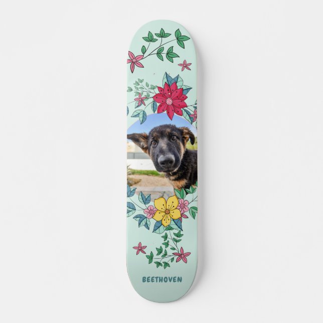 Cute Floral Frame, Custom Pet Photo, Dog Cat Skateboard (Front)