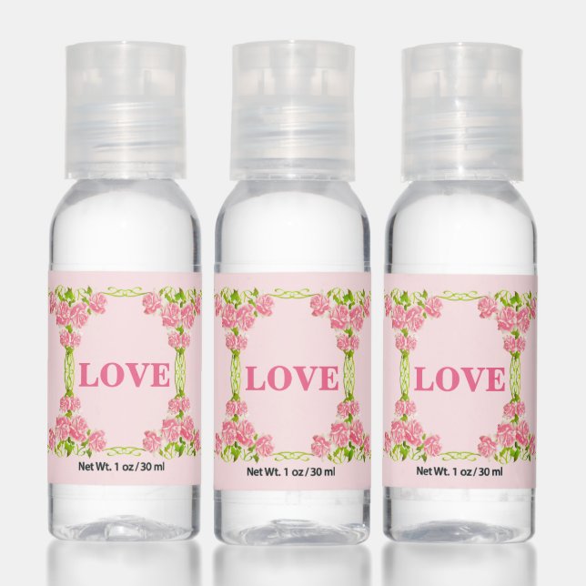 Cute floral frame & editable love text on pink hand sanitizer (Set)