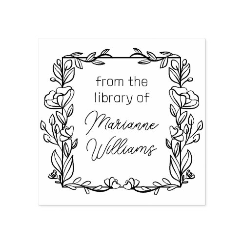 Cute Floral Frame From The Library Of Name Rubber Stamp