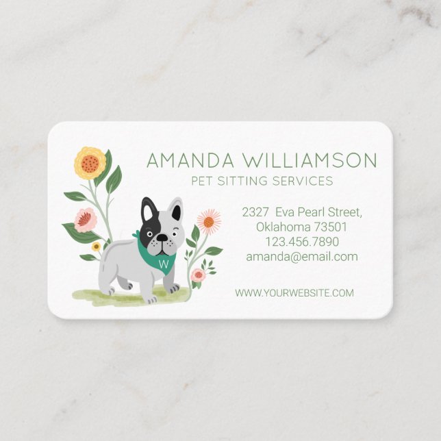 Cute Floral French Bulldog Pet Care Services Business Card (Front)