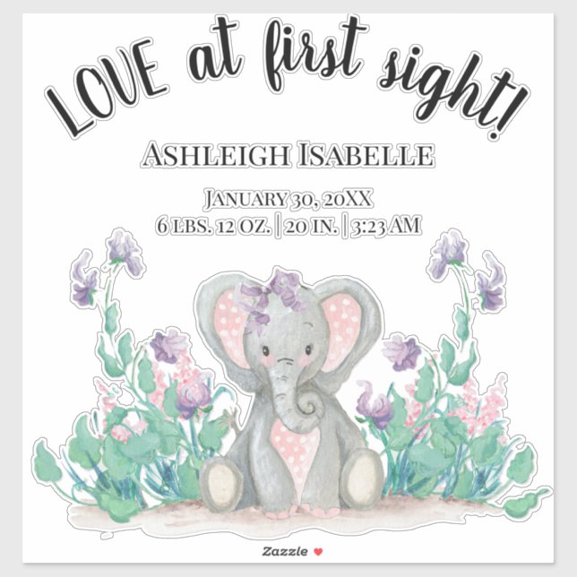 Cute Floral Garden Baby Elephant Girl Birth Stats Sticker (Sheet)