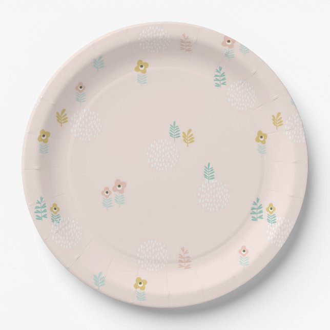 Cute Floral Garden Cartoon 1st Birthday Party Paper Plates (Front)