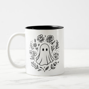 Cute Floral Ghost Black and White Halloween Two-Tone Coffee Mug