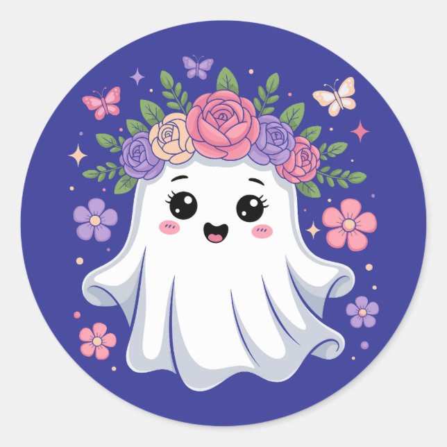 Cute Floral Ghost Kawaii Halloween Ghost Classic Round Sticker (Front)