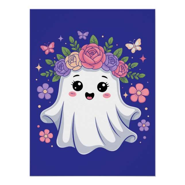Cute Floral Ghost Kawaii Halloween Ghost Poster (Front)