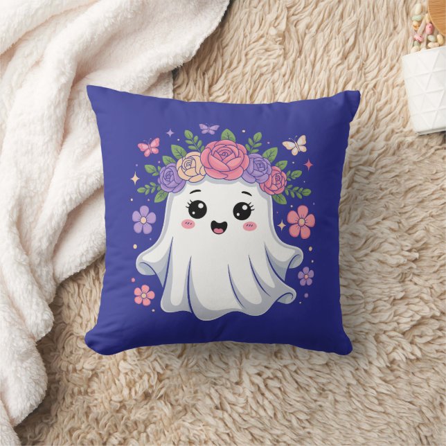 Cute Floral Ghost Kawaii Halloween Ghost Throw Pillow (Blanket)