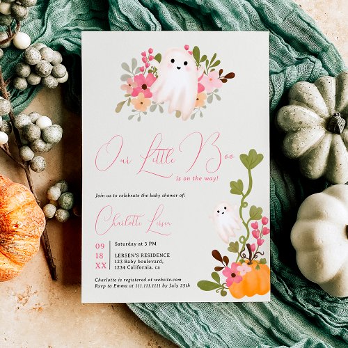 Cute floral ghost pumpkin little boo baby shower invitation