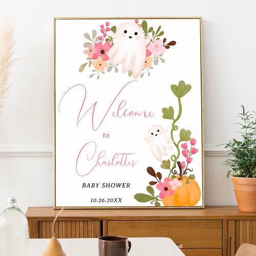 Cute floral ghost pumpkin welcome baby shower poster