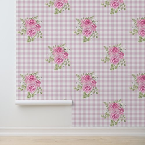 Cute Floral Gingham Pink Nursery Peel and Stick Wallpaper Cute Floral Gingham Pink Nursery Peel and Stick Wallpaper