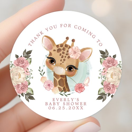 Cute Floral Giraffe Girl Baby Shower Thank You Classic Round Sticker