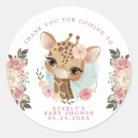 Cute Floral Giraffe Girl Baby Shower Thank You Classic Round Sticker