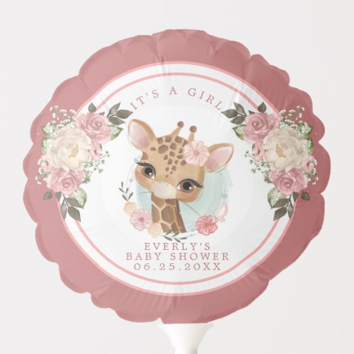 Cute Floral Giraffe Watercolor Girl Baby Shower Balloon