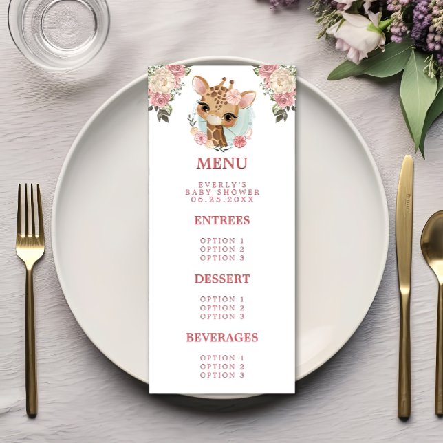 Cute Floral Giraffe Watercolor Girl Baby Shower Menu (Creator Uploaded)