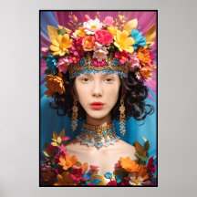 Cute floral girl and woman face in hole photo