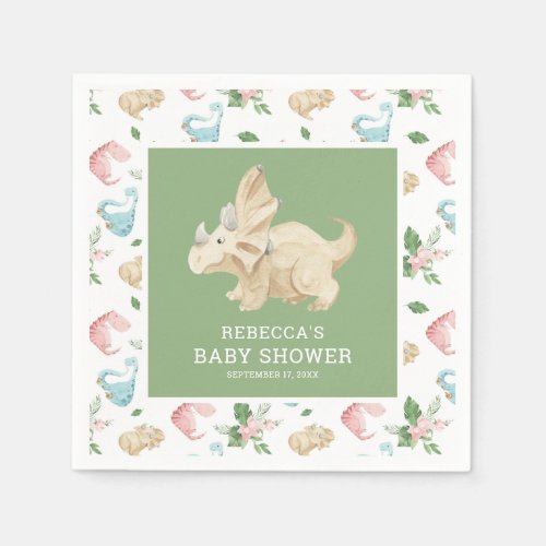 Cute Floral Girl Dinosaur Baby Shower Napkins