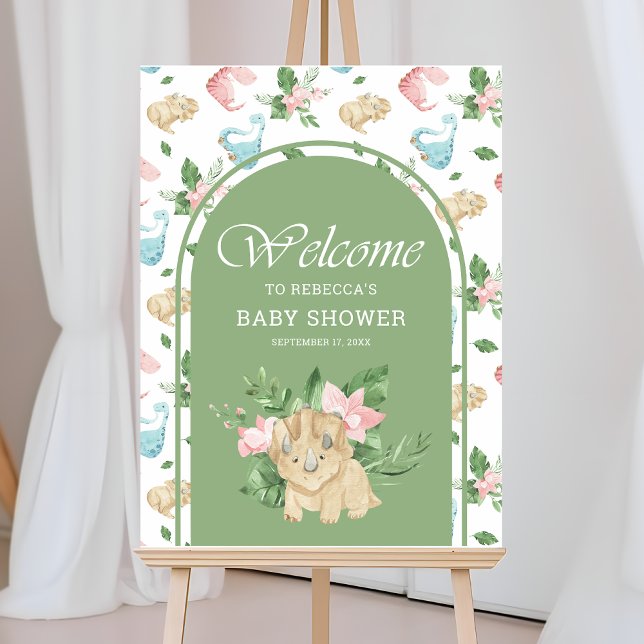 Cute Floral Girl Dinosaur Baby Shower Welcome Sign (Creator Uploaded)