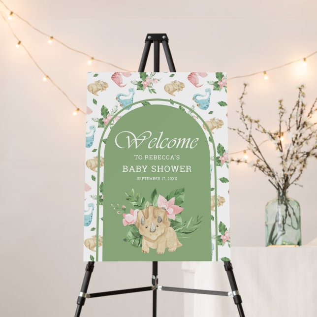 Cute Floral Girl Dinosaur Baby Shower Welcome Sign (In Situ (Stand))