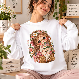 Cute Floral Girl in Basket Cottagecore Illustratio Sweatshirt