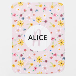 Cute Floral Girls Flower Pattern Monogram and Name Baby Blanket