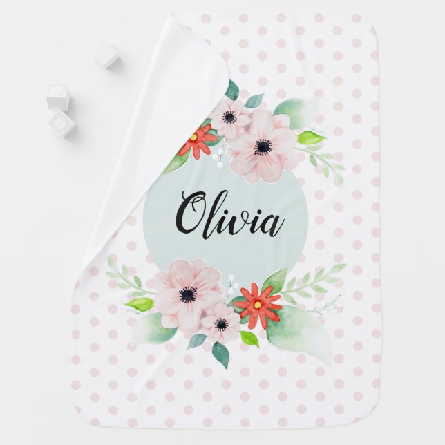 Cute Floral Girls Watercolor Flower and Name Baby Blanket (In Situ)