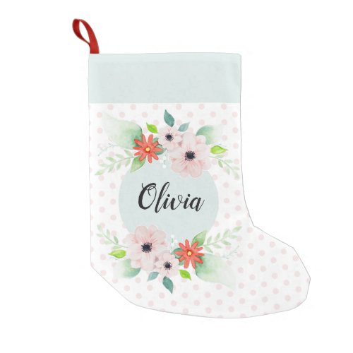 Cute Floral Girls Watercolor Flowers and Name Small Christmas Stocking