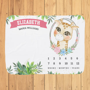 Cute Floral Girly Giraffe Milestone Baby Blanket
