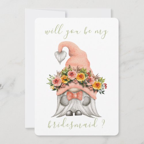 Cute Floral Gnome Will You Be My Bridesmaid Invitation