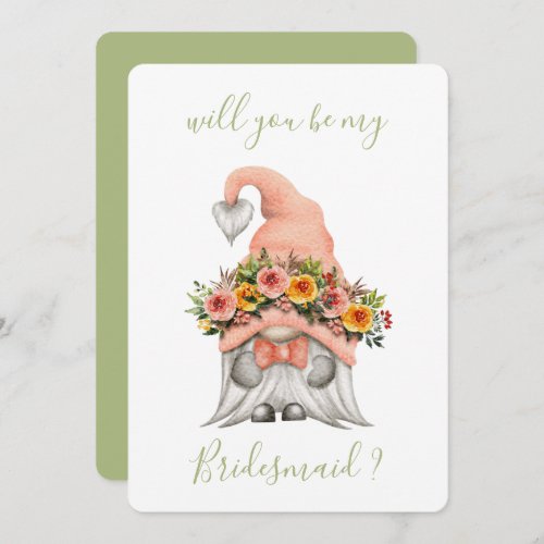 Cute Floral Gnome Will You Be My Bridesmaid Invitation