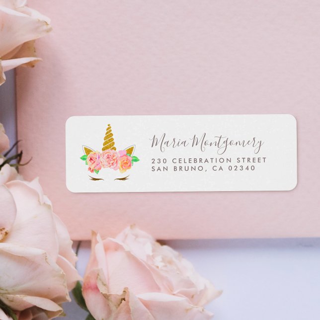 Cute Floral Gold Glitter Unicorn & Script Name Label (Return Address Label Mock-up)