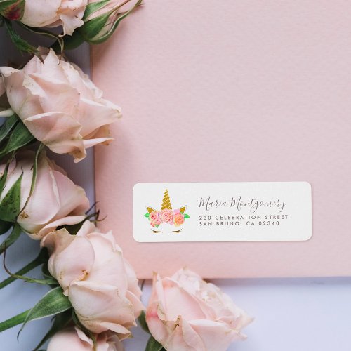 Cute Floral Gold Glitter Unicorn  Script Name Label