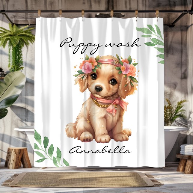  Cute Floral Golden Retriever Puppy Shower Curtain (Cute Floral Golden Retriever Puppy Shower Curtain)