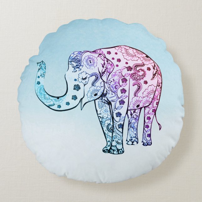 Cute Floral Gradient Elephant Round Pillow (Front)