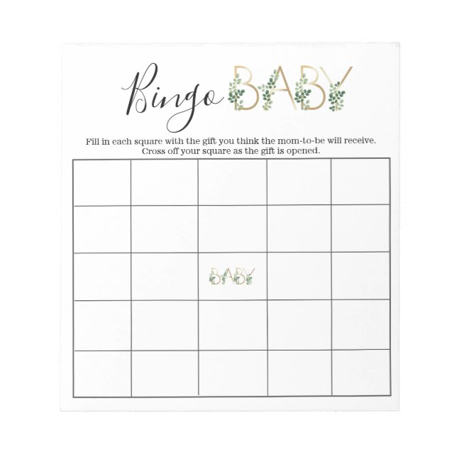 Cute Floral Greenery Slogan Baby Shower Bingo Game Notepad (Front)