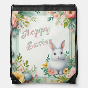 Cute, floral happy Easter bunny Drawstring Bag