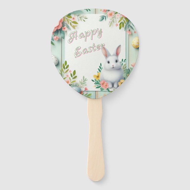 Cute, floral happy Easter bunny Hand Fan (Front)