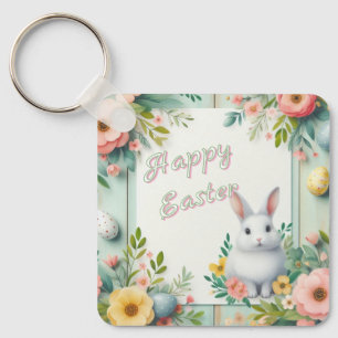Cute, floral happy Easter bunny Keychain