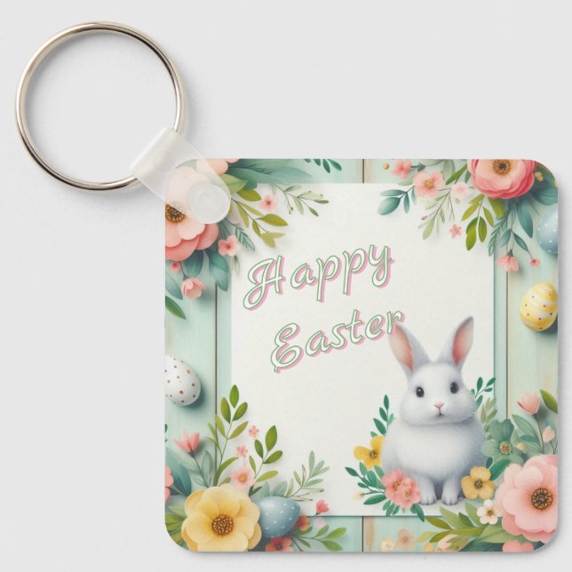 Cute, floral happy Easter bunny Keychain (Front)