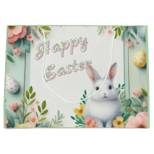 Cute, floral happy Easter bunny Large Gift Bag