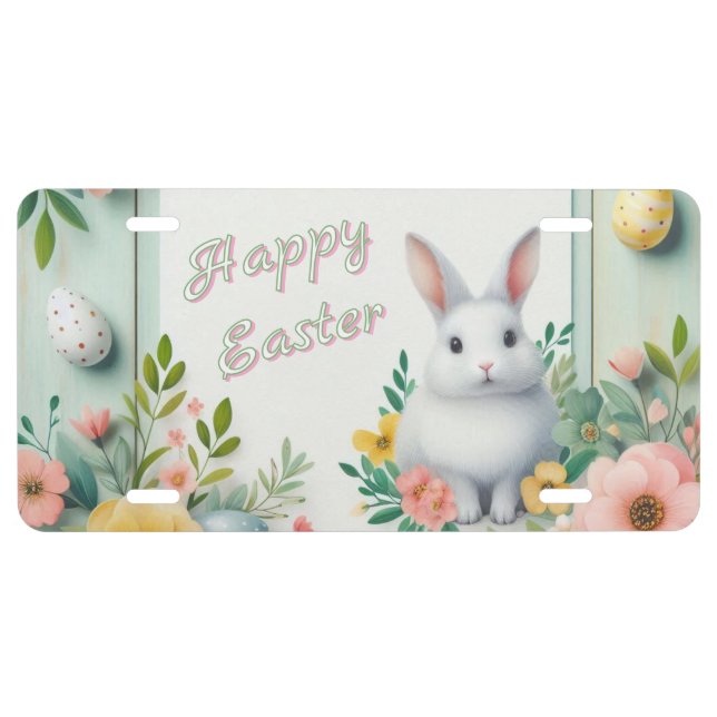 Cute, floral happy Easter bunny License Plate (Front)