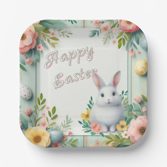 Cute, floral happy Easter bunny Paper Plates (Front)