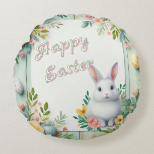 Cute, floral happy Easter bunny Round Pillow