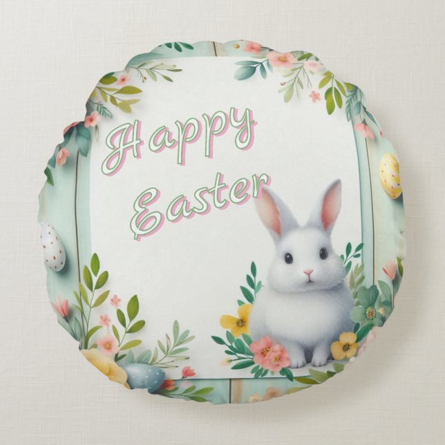 Cute, floral happy Easter bunny Round Pillow (Front)