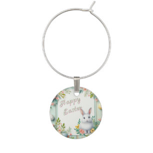 Cute, floral happy Easter bunny Wine Charm