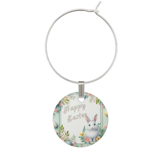Cute, floral happy Easter bunny Wine Charm (Front)