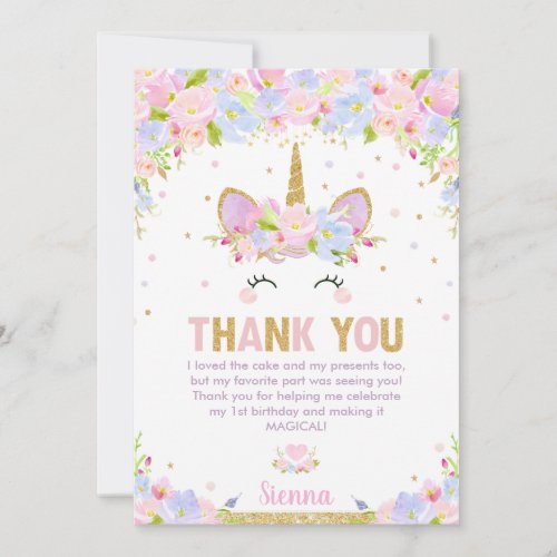 Cute Floral Happy Unicorn Girl 1st Birthday Party Thank You Card