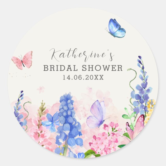 Cute Floral He Gives Me Butterflies Bridal Shower Classic Round Sticker (Front)