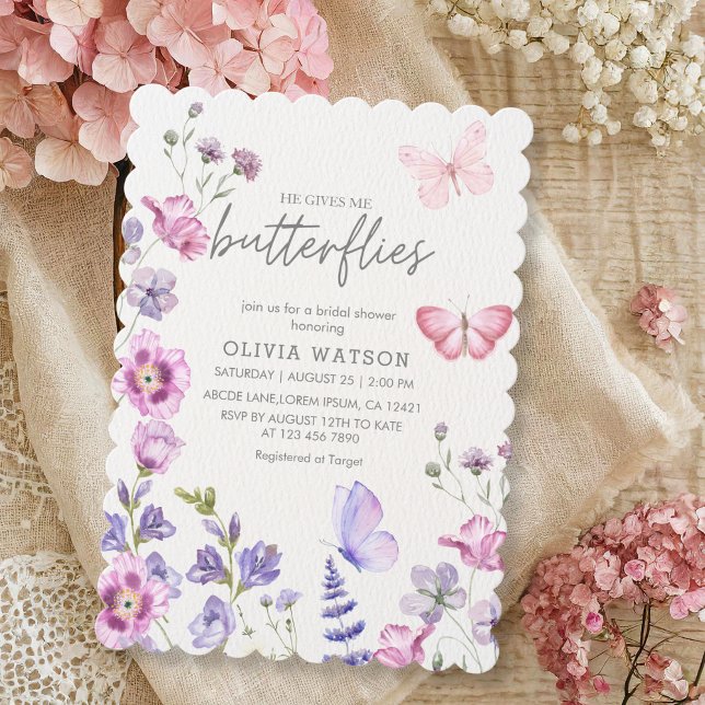 Cute Floral He Gives Me Butterflies Bridal Shower Invitation (Creator Uploaded)