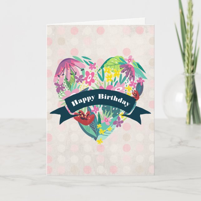 Cute Floral Heart in Pink and Green Birthday Card (Front)